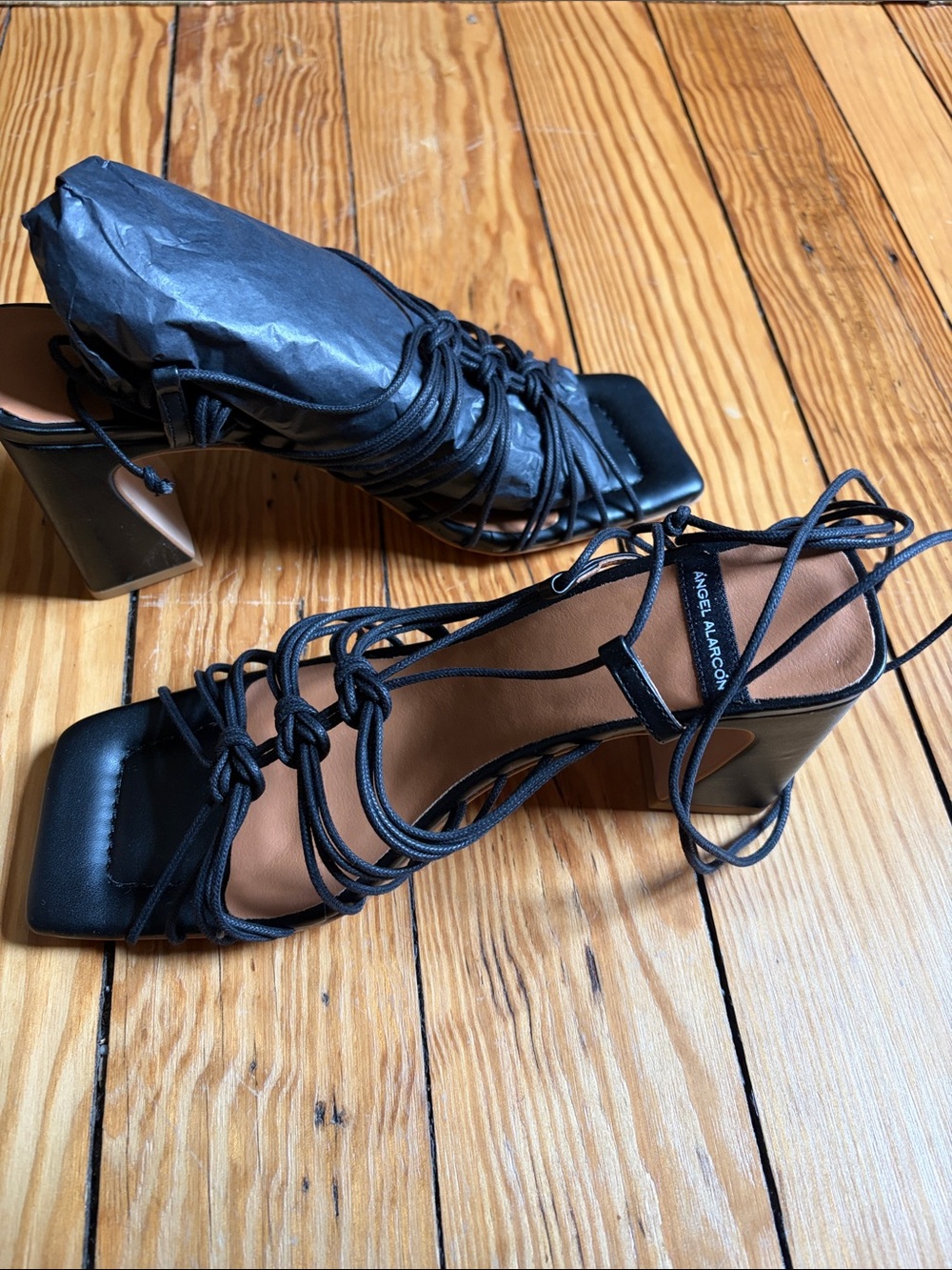 Ancel Aaron Black Lace-Up Square Toe Block Heels